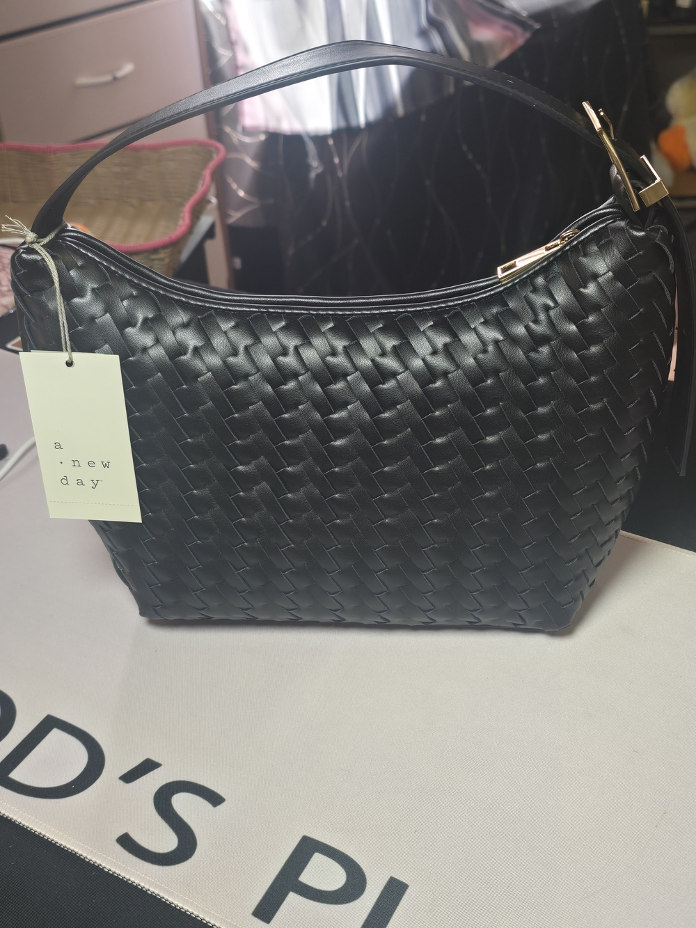 a new day Black Woven Shoulder Hobo with Gold Accents